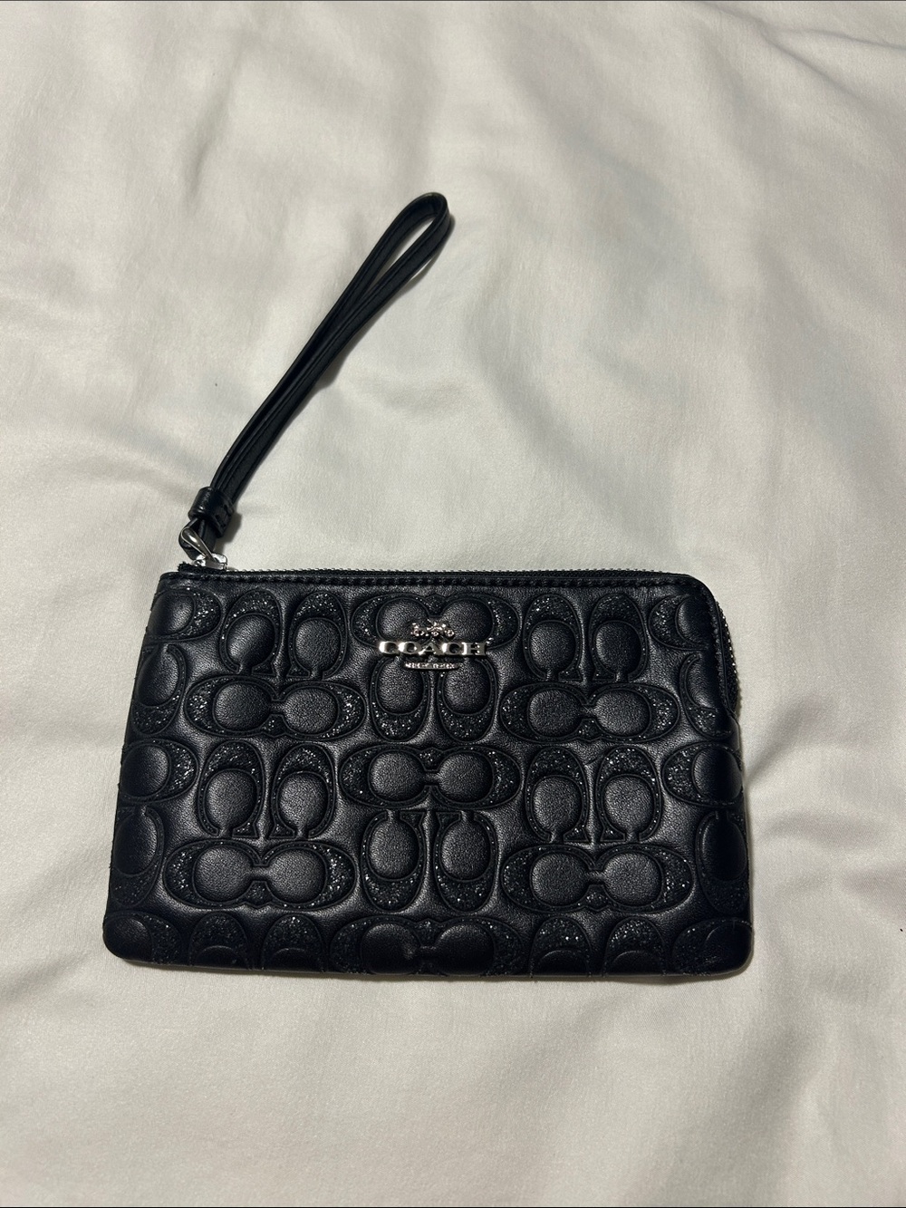 Embellished Coach Black Embossed C Leather Wristlet